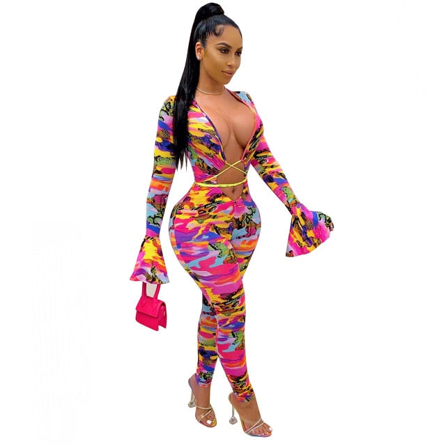 ANJAMANOR Pink Multi Camo Print Jumpsuit Sexy Clothes for Women Club Outfits Laced Up Hollow Out Bodycon Rompers D10-CI28