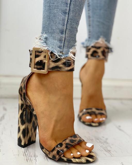 2020 Summer Women Shoes Snakeskin Ankle Buckled Sandals Chunky Heeled Sandals Open Toe Leopard Party Shoes