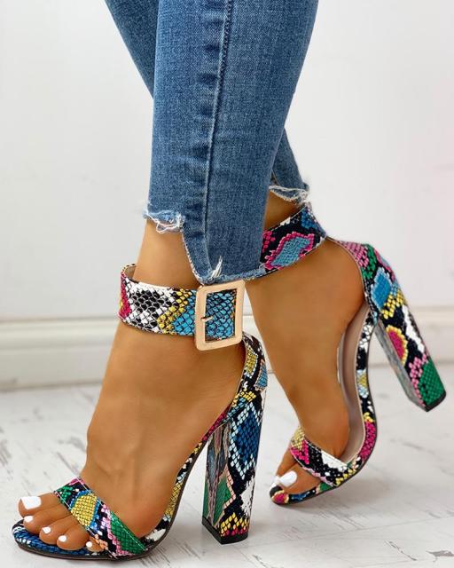 2020 Summer Women Shoes Snakeskin Ankle Buckled Sandals Chunky Heeled Sandals Open Toe Leopard Party Shoes