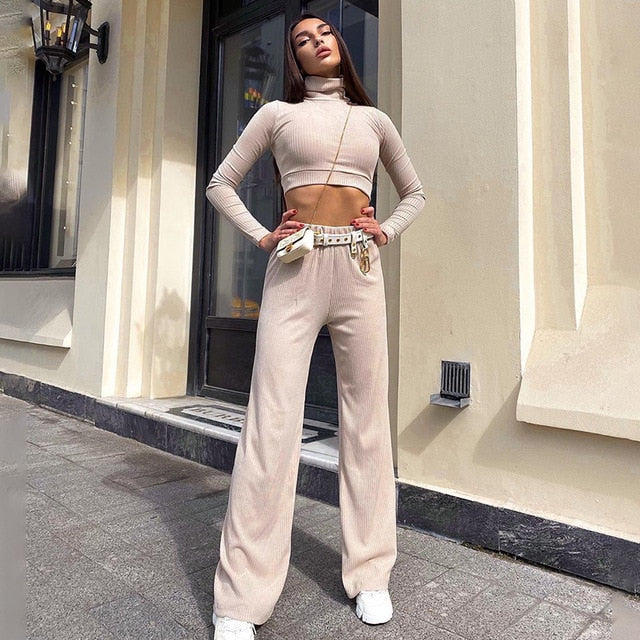 InstaHot wide leg pant and crop top two piece set long sleeve autumn solid casial elegant turtleneck minimalist classic outfit