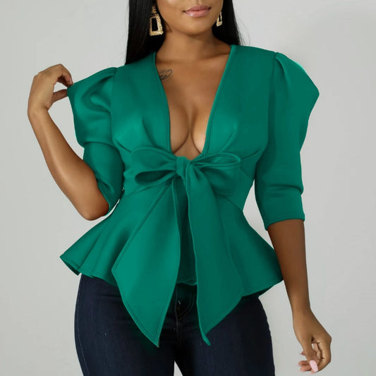 Women Peplum Blouse Tops with Waist Belt Bowtie Half Sleeves Deep V Neck Sexy Party Clubwear Night Date Out Evening Bluas Ladies