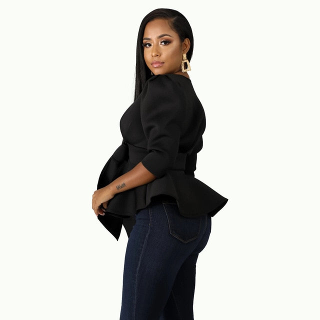 Women Peplum Blouse Tops with Waist Belt Bowtie Half Sleeves Deep V Neck Sexy Party Clubwear Night Date Out Evening Bluas Ladies