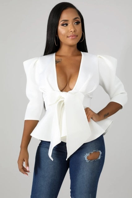 Women Peplum Blouse Tops with Waist Belt Bowtie Half Sleeves Deep V Neck Sexy Party Clubwear Night Date Out Evening Bluas Ladies