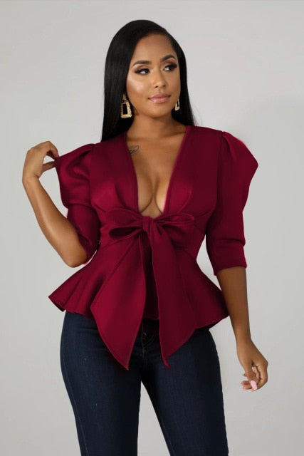 Women Peplum Blouse Tops with Waist Belt Bowtie Half Sleeves Deep V Neck Sexy Party Clubwear Night Date Out Evening Bluas Ladies