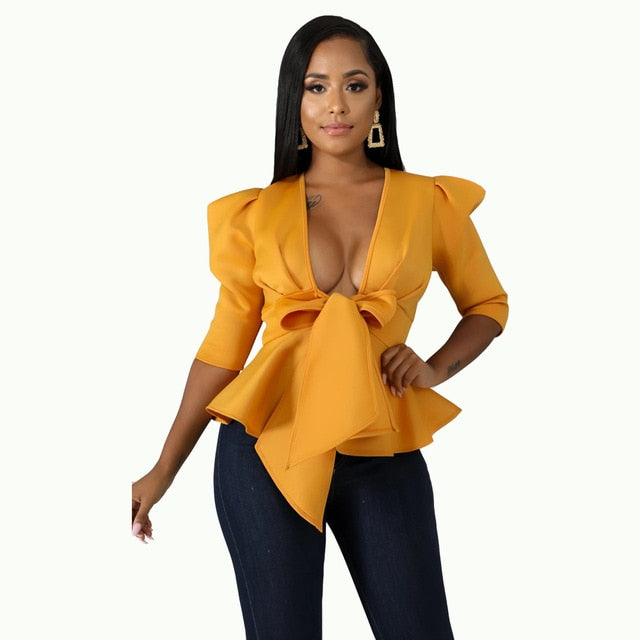 Women Peplum Blouse Tops with Waist Belt Bowtie Half Sleeves Deep V Neck Sexy Party Clubwear Night Date Out Evening Bluas Ladies