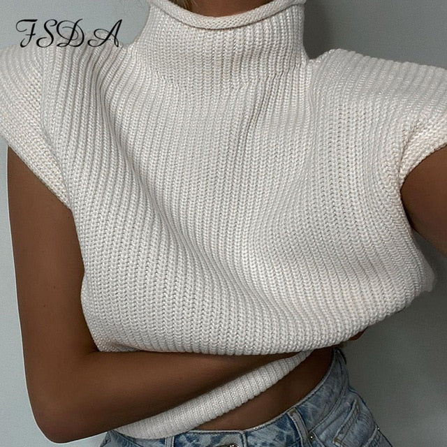 FSDA Turtleneck Sleeveless Vest Sweater Women 2020 With Shoulder Pads Knitted Pullover Autumn Winter Jumper Casual Tops Fashion