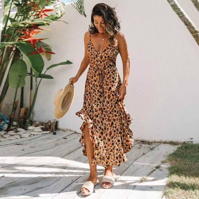 Summer New Fashion Women Sexy Deep V Leopard Butterfly Wrap Sling Sleeveless Nightclub Maxi Long Dress Free Ship платье Z4
