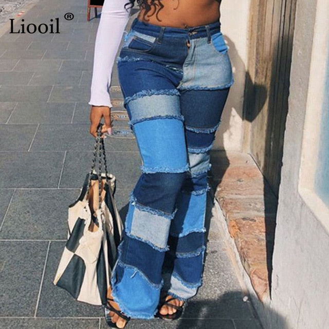 Liooil Color Block High Waist Flare Jeans With Pockets Streetwear Sexy Trousers Bell Bottoms Skinny Patchwork Denim Jean Pants