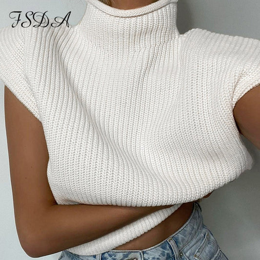 FSDA Turtleneck Sleeveless Vest Sweater Women 2020 With Shoulder Pads Knitted Pullover Autumn Winter Jumper Casual Tops Fashion