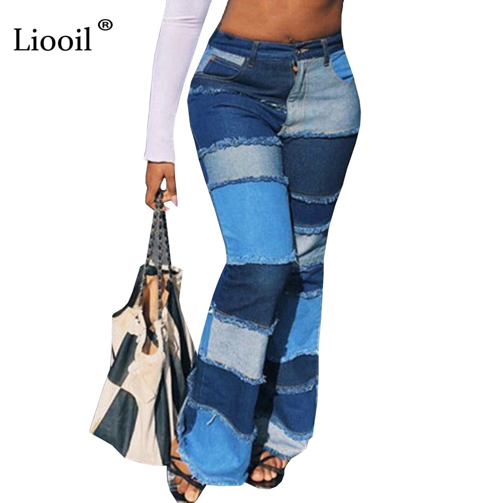 Liooil Color Block High Waist Flare Jeans With Pockets Streetwear Sexy Trousers Bell Bottoms Skinny Patchwork Denim Jean Pants