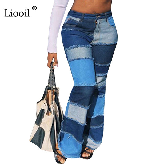Liooil Color Block High Waist Flare Jeans With Pockets Streetwear Sexy Trousers Bell Bottoms Skinny Patchwork Denim Jean Pants