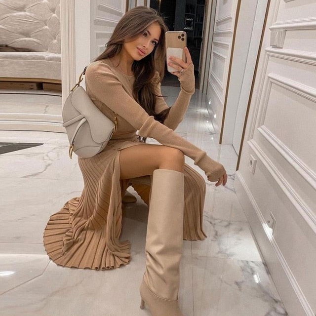 Cryptographic Solid Sexy Sweater Cropped Top Midi Skirt Two Piece Set Women Matching Set Outfits Button Up Split Skirts Winter