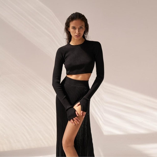 Cryptographic Solid Sexy Sweater Cropped Top Midi Skirt Two Piece Set Women Matching Set Outfits Button Up Split Skirts Winter