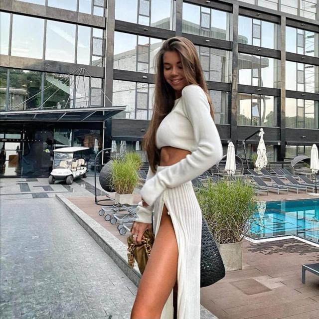 Cryptographic Solid Sexy Sweater Cropped Top Midi Skirt Two Piece Set Women Matching Set Outfits Button Up Split Skirts Winter