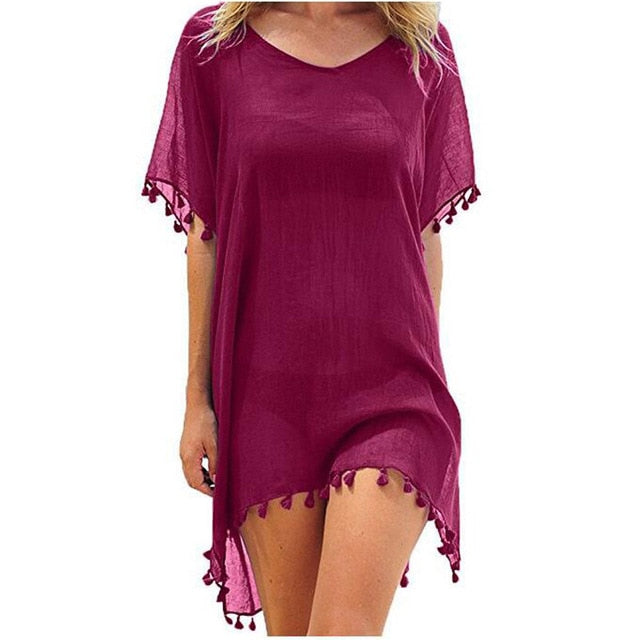 2021 Chiffon Tassels Beach Wear Women Swimsuit Cover Up Swimwear Bathing Suits Summer Mini Dress Loose Solid Pareo Cover Ups