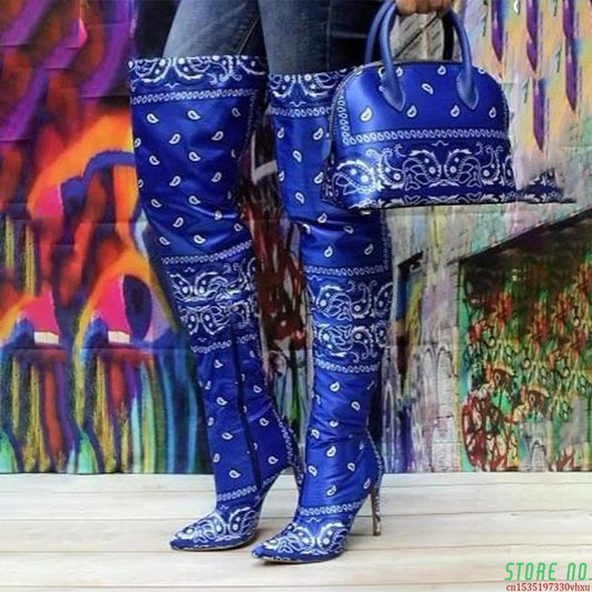 Women's Over Knee High Boots Bandana Print Woman Graffiti High Heels Fashion Black Blue Red Winter Sexy Boots for Women 2020