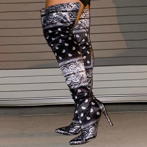 Women's Over Knee High Boots Bandana Print Woman Graffiti High Heels Fashion Black Blue Red Winter Sexy Boots for Women 2020