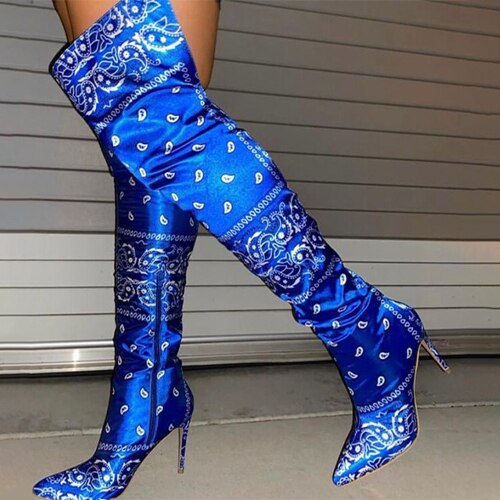 Women's Over Knee High Boots Bandana Print Woman Graffiti High Heels Fashion Black Blue Red Winter Sexy Boots for Women 2020