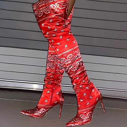 Women's Over Knee High Boots Bandana Print Woman Graffiti High Heels Fashion Black Blue Red Winter Sexy Boots for Women 2020