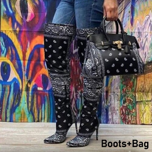 Women's Over Knee High Boots Bandana Print Woman Graffiti High Heels Fashion Black Blue Red Winter Sexy Boots for Women 2020