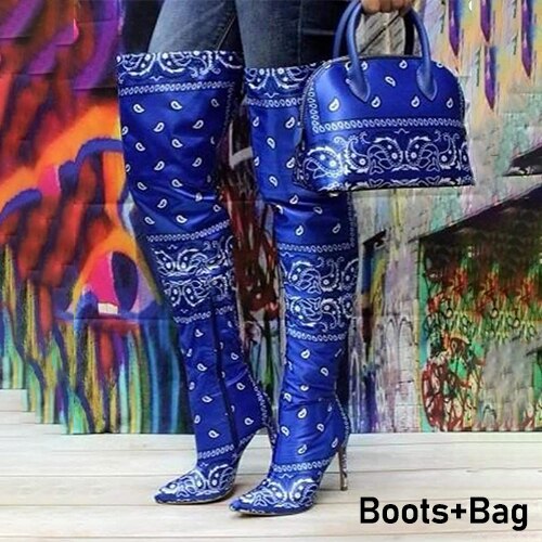 Women's Over Knee High Boots Bandana Print Woman Graffiti High Heels Fashion Black Blue Red Winter Sexy Boots for Women 2020