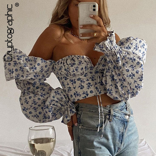 Cryptographic Blue Floral Print Tie Front Top and Blouses Shirts Square Collar Puff Sleeve Elegant Vintage Sexy Shirt Tops Chic