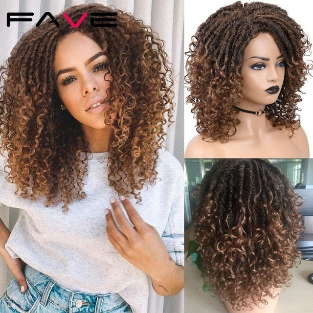 FAVE Dreadlock Wig Braided Twist Black Brown Short Curly Heat Resistant Fiber Synthetic Daily Party Replacement for Women