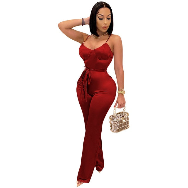 Cutubly Long Sleeve Jumpsuits And Rompers For Women Solid Sexy Jumpsuits Fashion Belt Spaghetti Strap Jumpsuits Club Wear