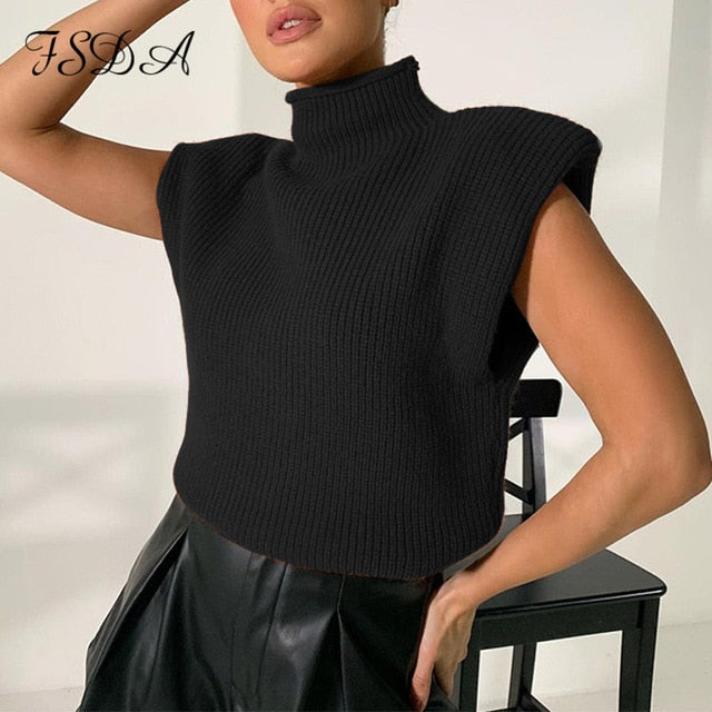 FSDA Turtleneck Sleeveless Vest Sweater Women 2020 With Shoulder Pads Knitted Pullover Autumn Winter Jumper Casual Tops Fashion