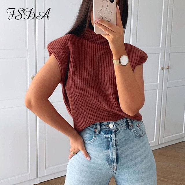 FSDA Turtleneck Sleeveless Vest Sweater Women 2020 With Shoulder Pads Knitted Pullover Autumn Winter Jumper Casual Tops Fashion