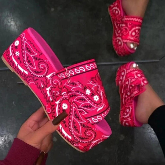 Bandana Print 2021 Summer Sandals Paisley Printed Slippers Open Toe Fashion Outdoor Women's Shoes Thick Bottom Plus Size 42