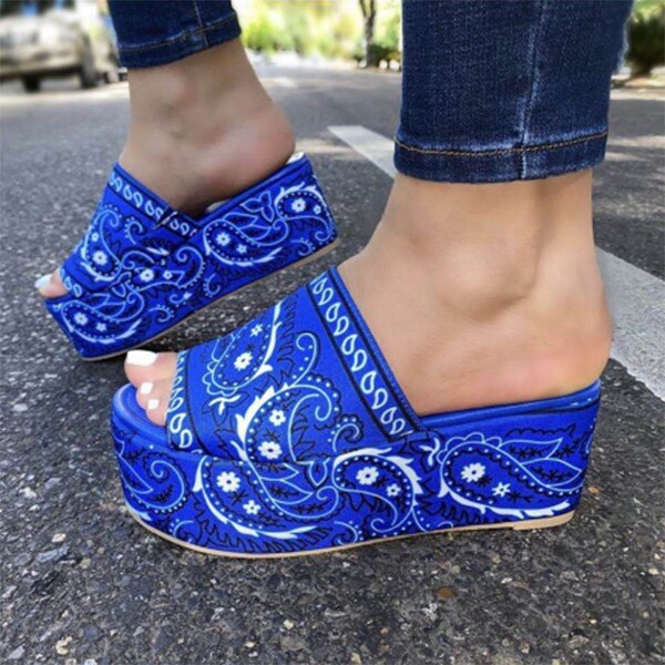 Bandana Print 2021 Summer Sandals Paisley Printed Slippers Open Toe Fashion Outdoor Women's Shoes Thick Bottom Plus Size 42