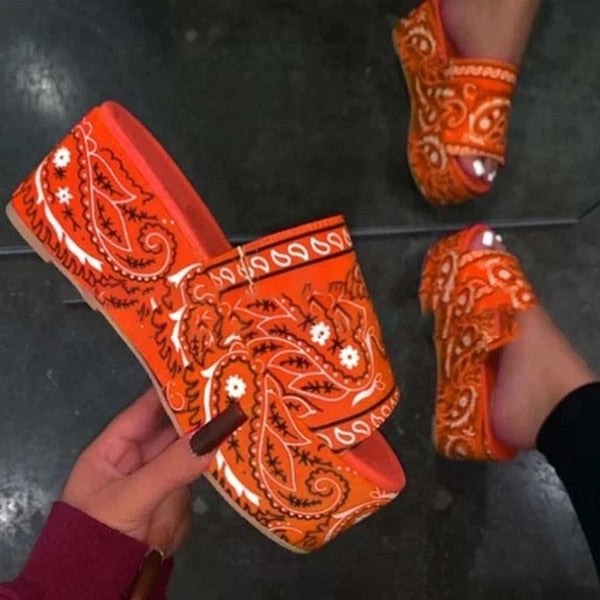 Bandana Print 2021 Summer Sandals Paisley Printed Slippers Open Toe Fashion Outdoor Women's Shoes Thick Bottom Plus Size 42