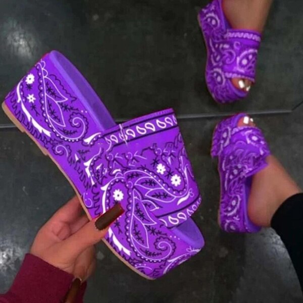 Bandana Print 2021 Summer Sandals Paisley Printed Slippers Open Toe Fashion Outdoor Women's Shoes Thick Bottom Plus Size 42