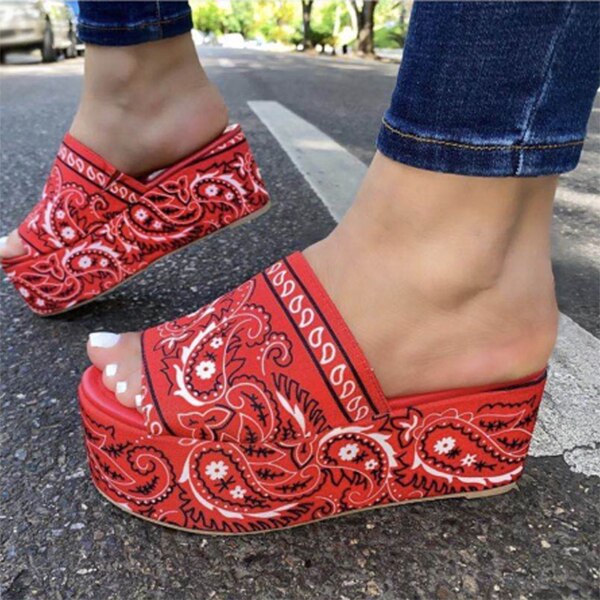 Bandana Print 2021 Summer Sandals Paisley Printed Slippers Open Toe Fashion Outdoor Women's Shoes Thick Bottom Plus Size 42