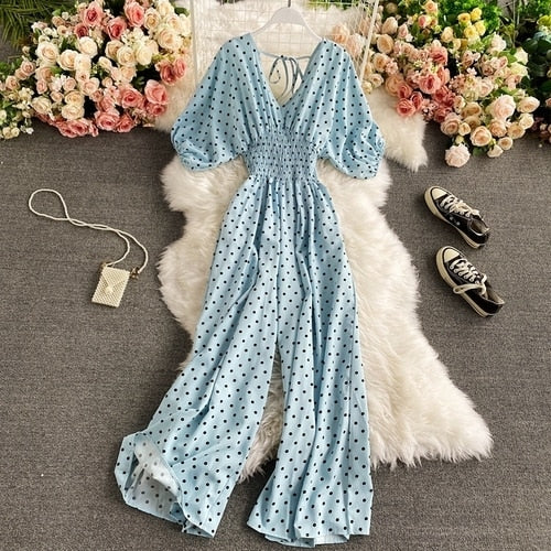 Autumn Sexy Polka Dot Romper Women Elegant V-Neck Puff Short Sleeve High Waist Jumpsuit Female Loose Wide Leg Playsuits Fashion