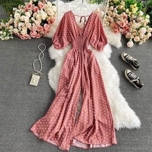 Autumn Sexy Polka Dot Romper Women Elegant V-Neck Puff Short Sleeve High Waist Jumpsuit Female Loose Wide Leg Playsuits Fashion