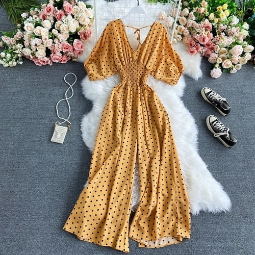 Autumn Sexy Polka Dot Romper Women Elegant V-Neck Puff Short Sleeve High Waist Jumpsuit Female Loose Wide Leg Playsuits Fashion