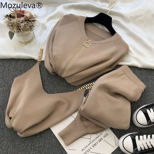 mozuleva Women 2020 Autumn Winter Knitted Vest Zipper Cardigans Pants 3pcs Sets Tracksuits Outfits
