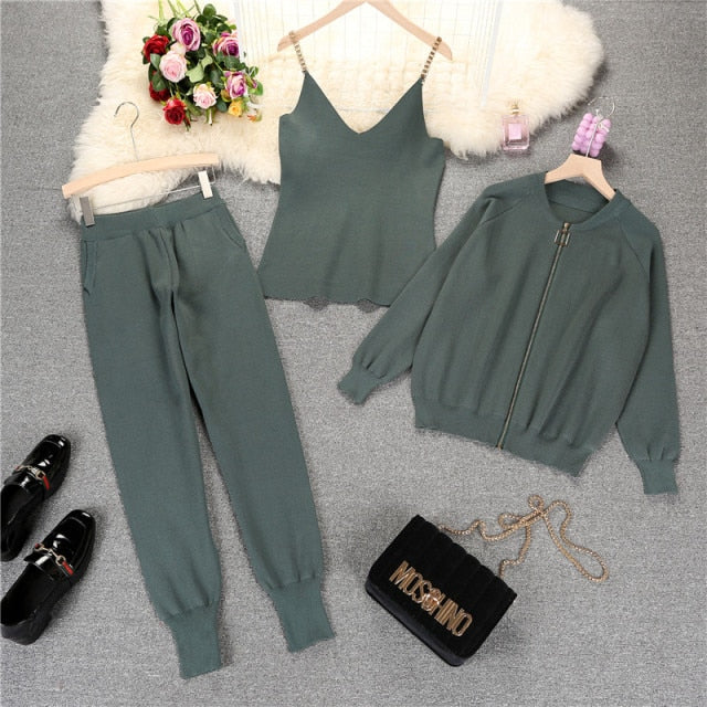 mozuleva  Women 2020 Autumn Winter Knitted  Vest Zipper Cardigans Pants 3pcs Sets Tracksuits Outfits