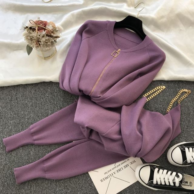 mozuleva  Women 2020 Autumn Winter Knitted  Vest Zipper Cardigans Pants 3pcs Sets Tracksuits Outfits