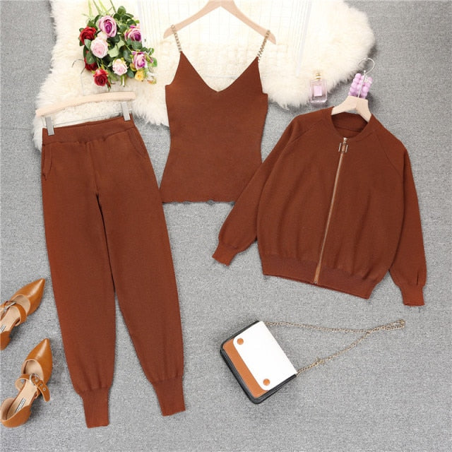 mozuleva  Women 2020 Autumn Winter Knitted  Vest Zipper Cardigans Pants 3pcs Sets Tracksuits Outfits