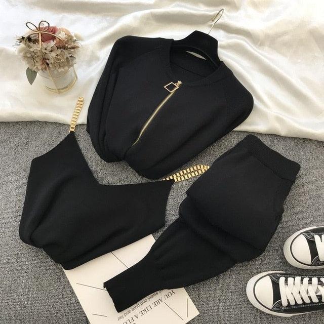 mozuleva  Women 2020 Autumn Winter Knitted  Vest Zipper Cardigans Pants 3pcs Sets Tracksuits Outfits