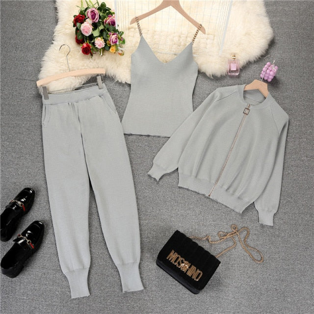 mozuleva  Women 2020 Autumn Winter Knitted  Vest Zipper Cardigans Pants 3pcs Sets Tracksuits Outfits