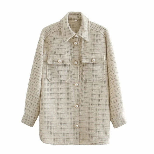 ZXQJ Tweed Women Vintage Oversize Plaid Shirts 2021 Spring-Autumn Chic Ladies Streetwear Loose Shirt Elegant Female Outfit Girls