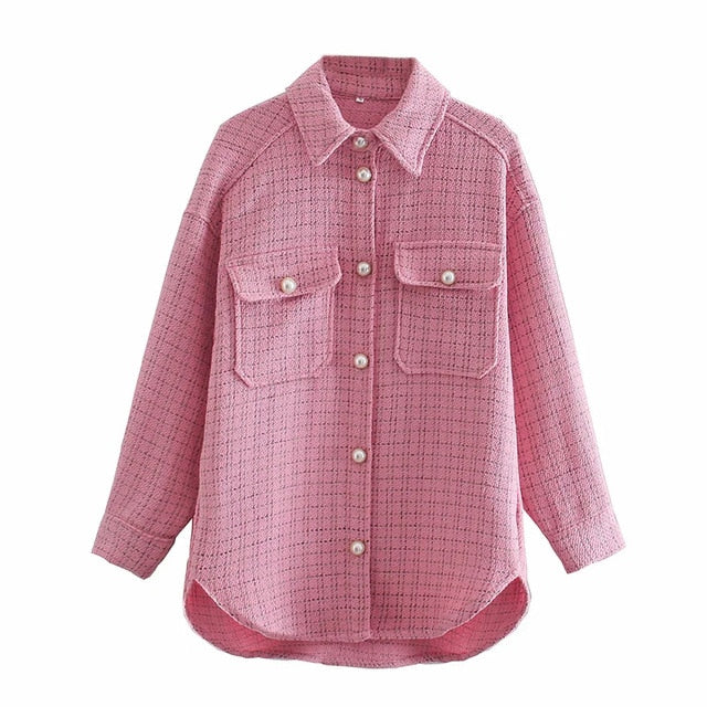 ZXQJ Tweed Women Vintage Oversize Plaid Shirts 2021 Spring-Autumn Chic Ladies Streetwear Loose Shirt Elegant Female Outfit Girls