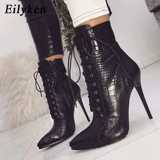 Eilyken Snakeskin grain Ankle Boots For Women High heels Fashion Pointed toe Ladies Sexy shoes 2021 New Lace-Up Boots Size 35-42