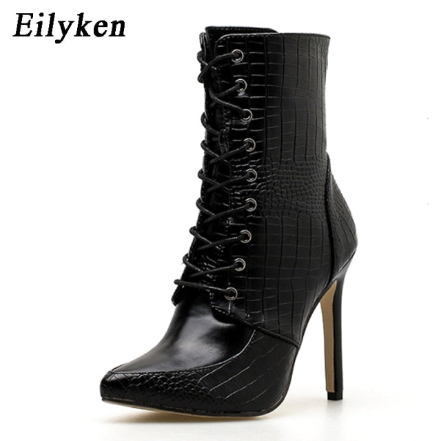 Eilyken Snakeskin grain Ankle Boots For Women High heels Fashion Pointed toe Ladies Sexy shoes 2021 New Lace-Up Boots Size 35-42