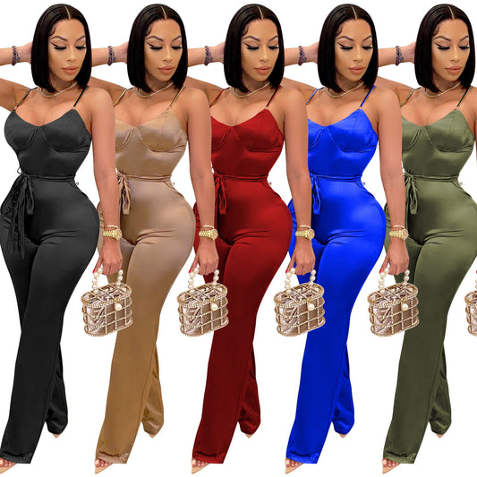 Cutubly Long Sleeve Jumpsuits And Rompers For Women Solid Sexy Jumpsuits Fashion Belt Spaghetti Strap Jumpsuits Club Wear