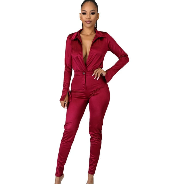 Charming Women Satin Outfits 2021 Spring Sexy Deep V Neck Bodysuit Shirt + High Waist Pants Two Pieces Party Clubwear Sets